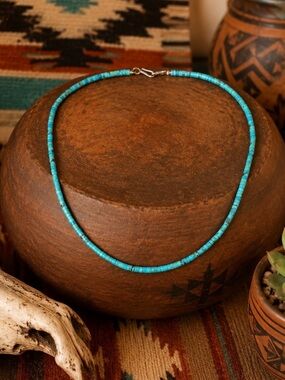 Santo Domingo Native American Natural Turquoise Heishi Beaded Choker Necklace